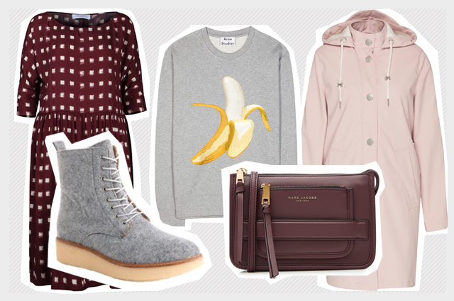 Herbsttrends und Basics mit Sweatshirts, Bordeaux, Regenjacke in Rosa, Tasche von Marc Jacobs und Seidenkleid