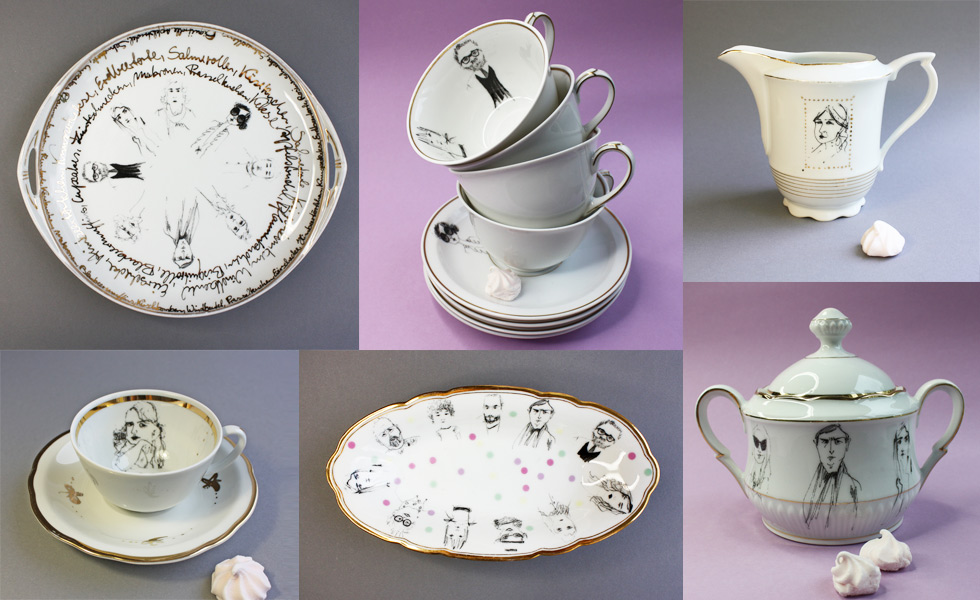 Vintage Porzellan und Kaffee-Geschirr mit Illustratrionen von Juliane Blank
